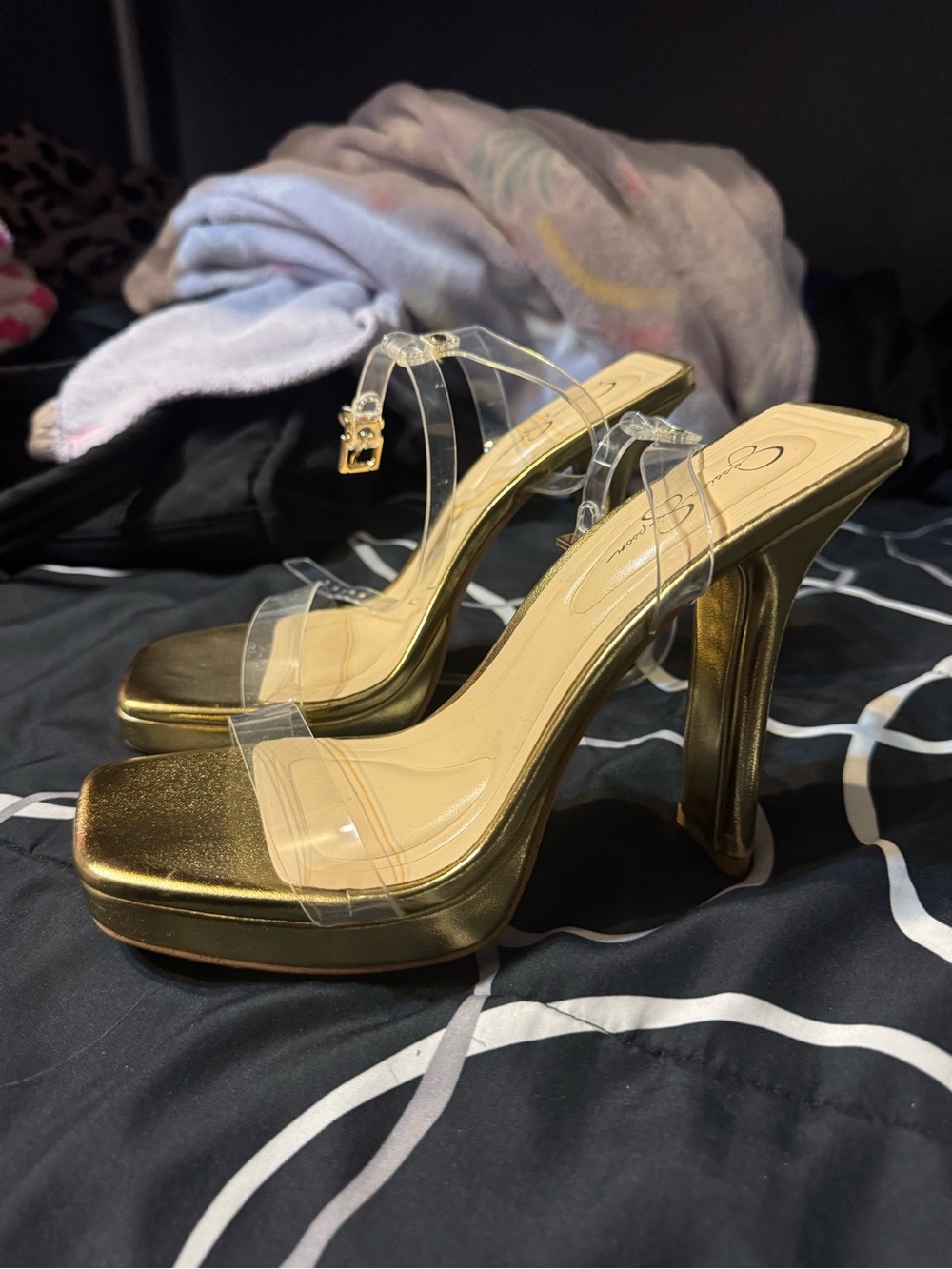 Jessica Simpson Gold Platform Heeled Sandals with Clear Straps